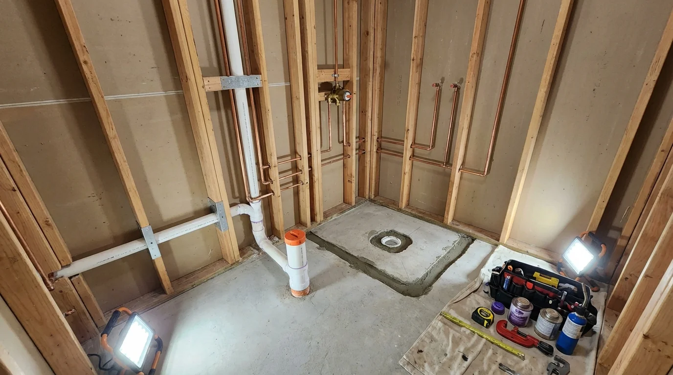 Bathroom rough-in plumbing during remodel by Johns Plumbing LLC in Wewoka
