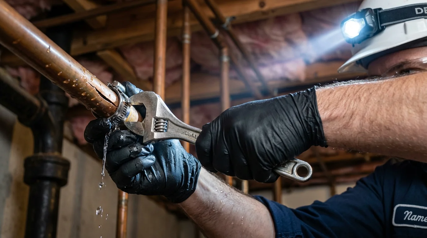 Emergency pipe clamp repair being performed by a Johns Plumbing LLC plumber in Wewoka