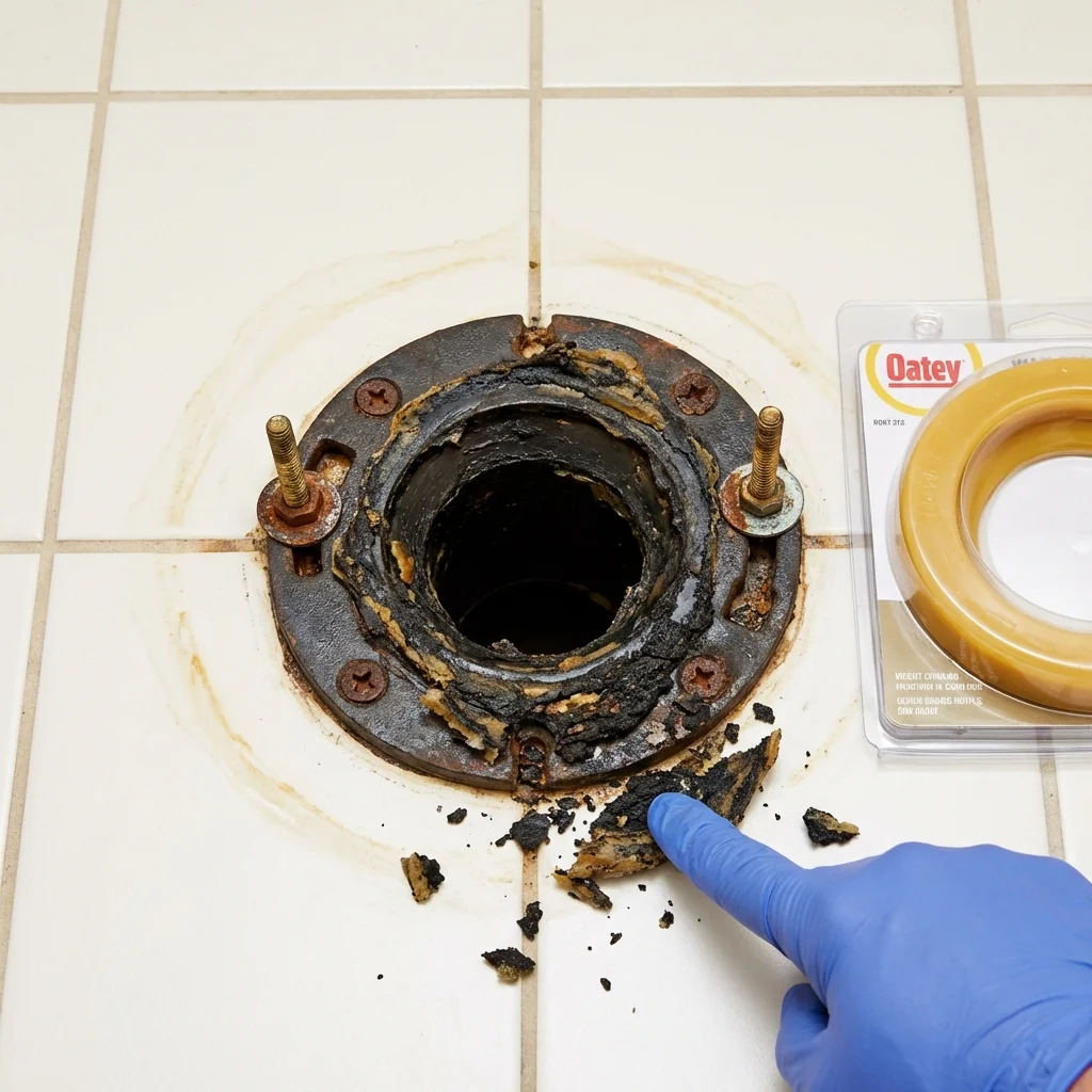 Failed wax ring showing water seepage at the base of a toilet in a Wewoka, OK home