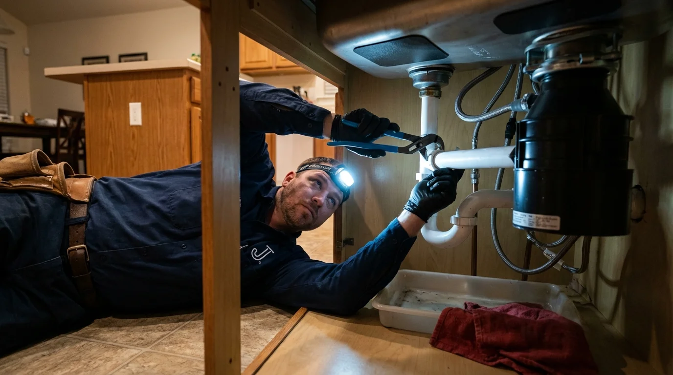 P-trap and supply line connections under a kitchen sink showing a common leak point in Wewoka, OK
